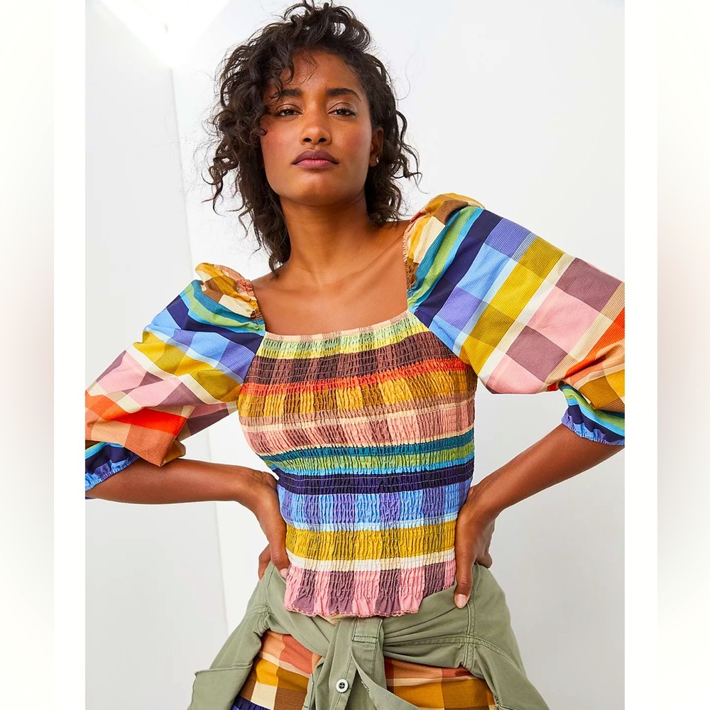 Farm Rio Seline - Plaid Cropped Puff Sleeve Blouse ( Size Medium) NWT